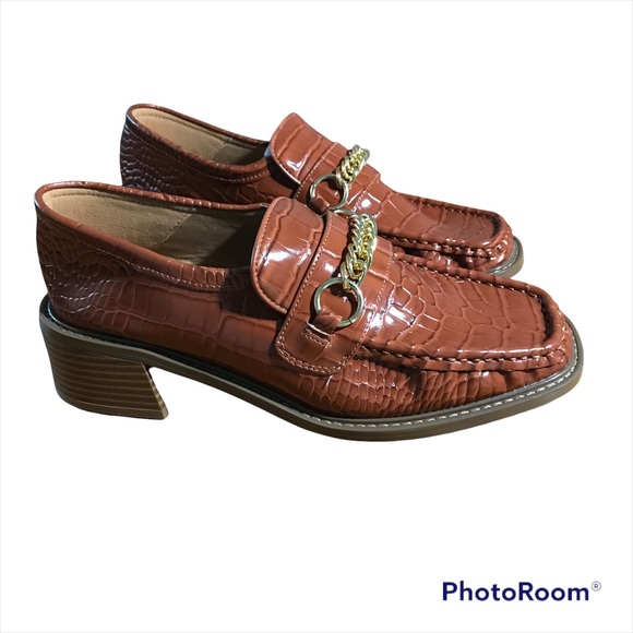 ASOS Design Women’s Shoe Loafer Chestnut Croc Wedge Gold Braid Detail - Picture 5 of 7